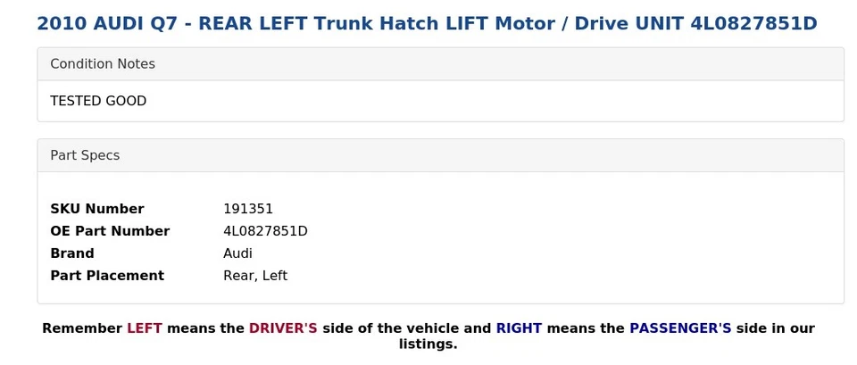 AUDI Q7 2010 - maletero trasero izquierdo escotilla elevador motor/unidad de accionamiento 4L0827851D Foto 3 de 4