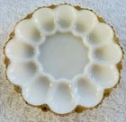 Vintage Indiana Glass Milk Glass Deviled Egg Plate Gold Trim 12 Slot Easter Eggs