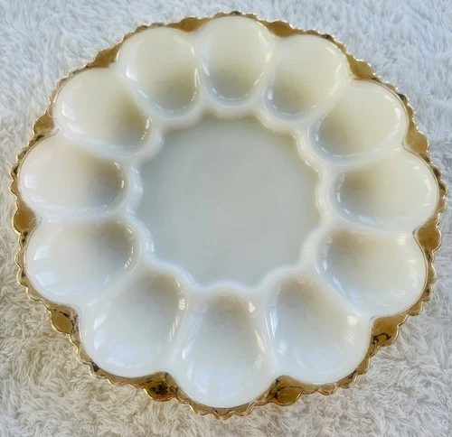 Vintage Indiana Glass Milk Glass Deviled Egg Plate Gold Trim 12 Slot Easter Eggs