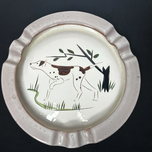 RARE! VTG MCM 1950s Stangl Pottery Large 8.5” Ashtray Pointer Hunting Bird Dog