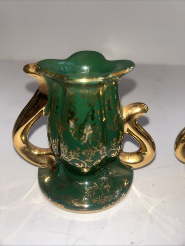 Vtg mint condition candle holders. 24K gold. Dark green. Beautiful! - 第 2/6 張圖片