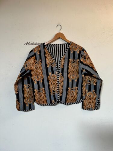 Indian Black Tiger Printed Cotton Quilted Jacket Vintage Reversible Jacket - Picture 2 of 10