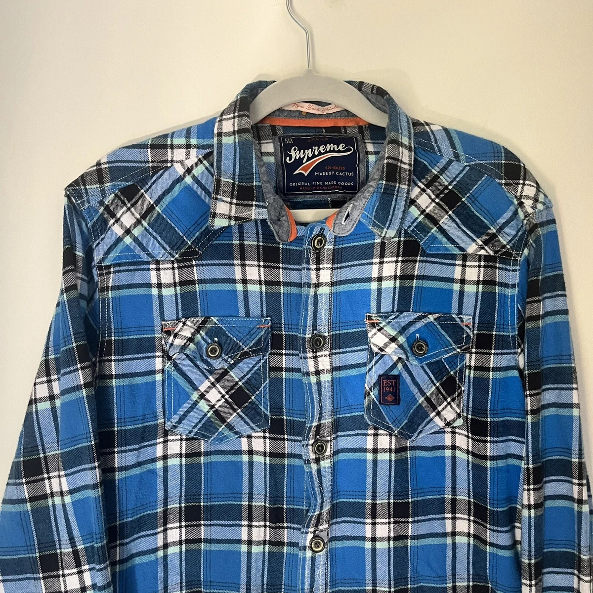 Supreme Shirt Mens L Large Blue Flannel Long Sleeve 100% Cotton