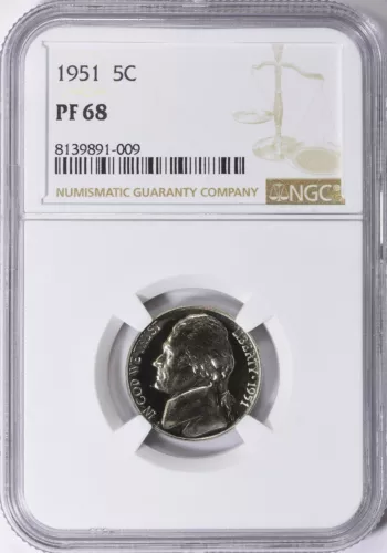 1951 PROOF JEFFERSON NICKEL 5C NGC CERTIFIED PF 68 009