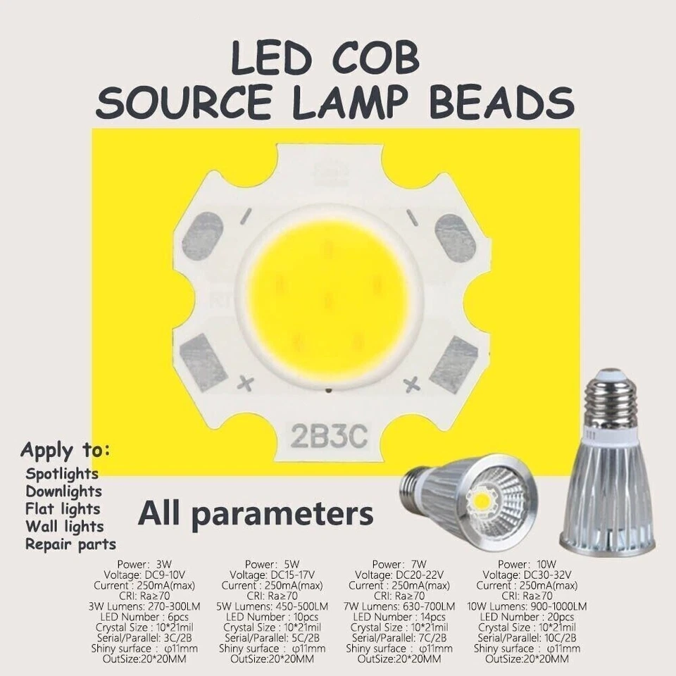 20pcs LED SMD COB Chip 20mm 3W 5W 7W 10W Downlight 250mA Lamp Blub - Image 4 of 4
