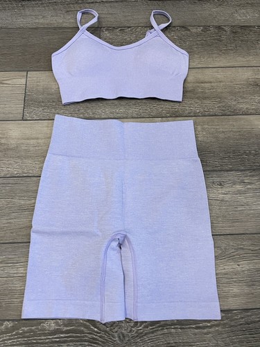 NWT Lilac Seamless Workout Set Spaghetti Strap Sports Bra & High Waisted Shorts - Picture 2 of 4
