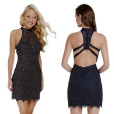 Alyce Paris Jet Black Embellished Lace Mini Dress Size 8 199