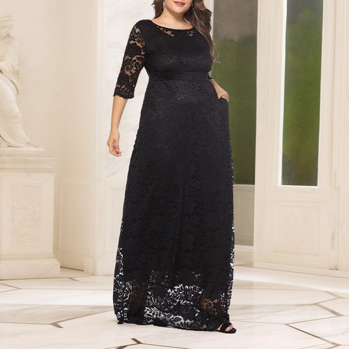Women Lace Elegant Half Sleeve Party Gowns Solid Pullover A-Line Long Maxi Dress - Picture 12 of 28