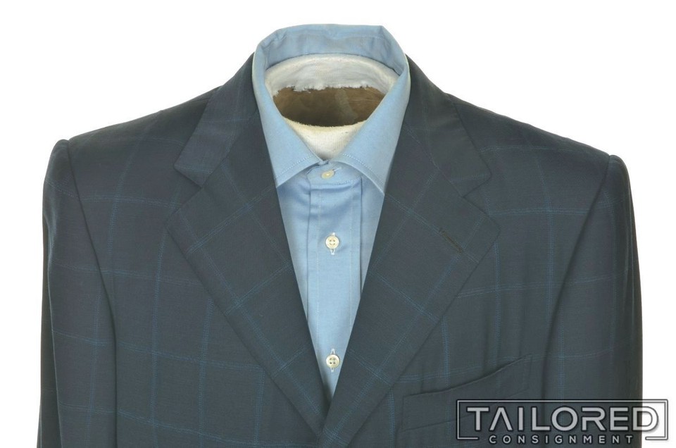 ERMENEGILDO ZEGNA Blue Plaid Check Wool Mens Blazer Sport Coat Jacket