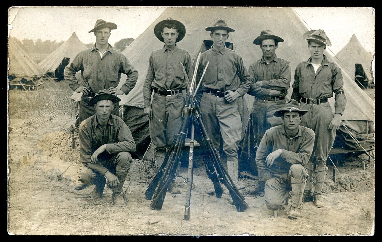 US MILITARY 1908 Soldiers Rifles Bayonets Camp. Real Photo Postcard