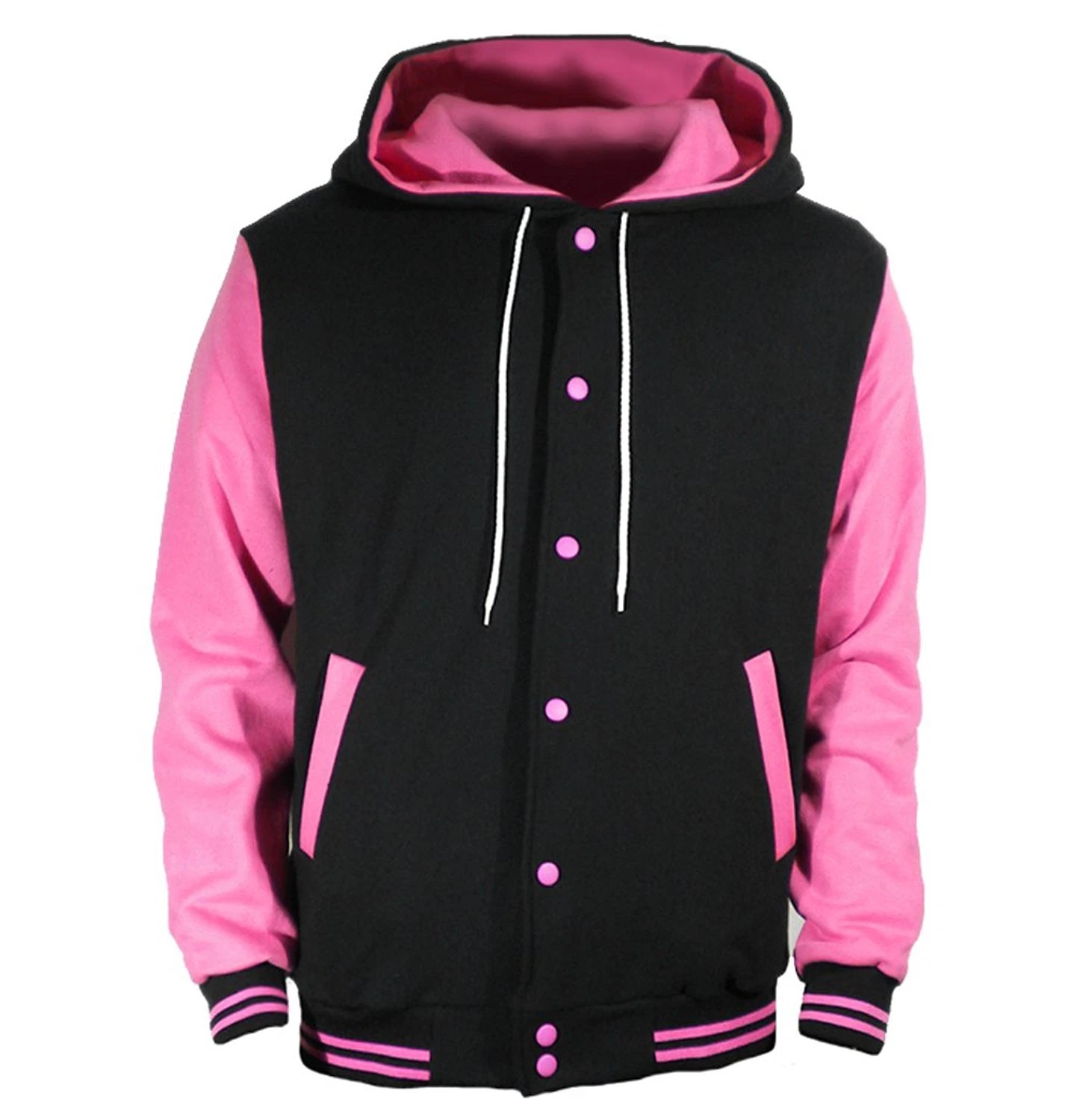 New StylishHigh Quality College Varsity Black Wool Hoodie With Pink Wool Sleeves
