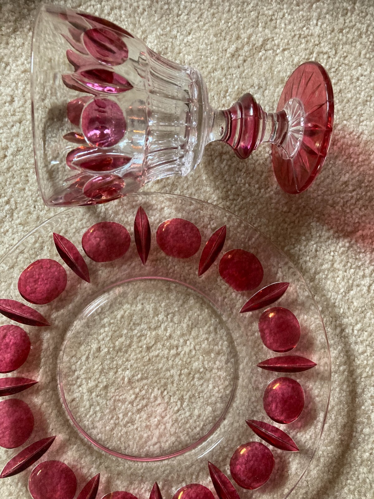 Retro Oval and Dots Rainbow Art Co 3 plates 3 Goblets 5.5 red Flash RARE