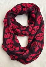 Sheer Womens Black Infinity Scarf with Red Skulls Lightweight New with tags
