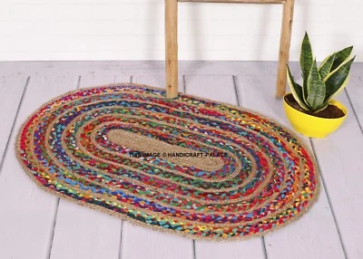 Tapis Oval En Coton Et Jute Indien Braid 3,5 Pieds Multicolore - Photo 1/3