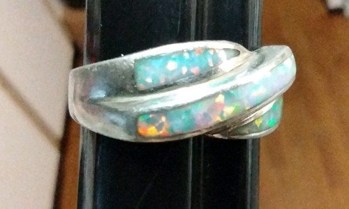 Vtg Sterling Silver White Opal Inlay Two Line Ring Sz 7.25 Beautiful Flash Color - Picture 6 of 12