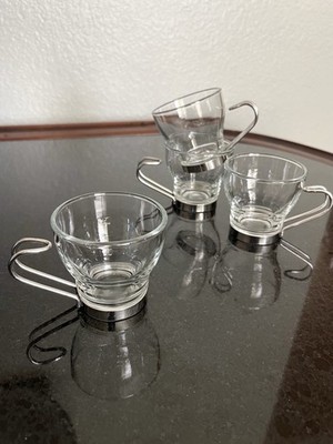 Set of 4 Bormioli Rocco Italy 3oz Espresso Glass Coffee Cups Steel Handles