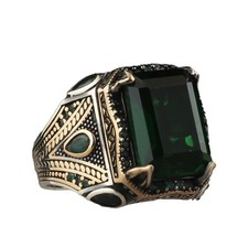 Emerald Stone Men Silver Ring, 925 Sterling Silver Emerald Gemstone Ring,