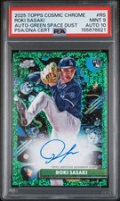 Topps 2025 Cosmic Chrome Roki Sasaki Green Space Dust Auto RC /75 PSA 9 Dodgers