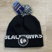 Chicago Blackhawks NHL Fanatics Cuffed Knit Pom Beanie Black White One Size NWT