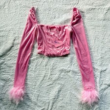NWT Sugar Thrillz Pink Velvet Feather Corset Crop Top XXS Y2K Coquette Barbie