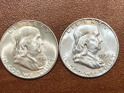 Lot of  (2) Franklin Silver Half $ *1948-D & 1956-P * Gem BU- Sharp & Shiny