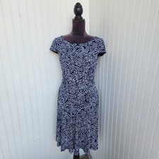 Connected Dress SZ 6 Sheath Navy Blue Dot Draped Ruched Stretch Cap Sleeve