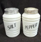 Vtg Hazel Atlas Milk Glass Beehive Salt & Pepper Shakers w/Black Script GUC