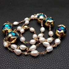 Cultured White Baroque Pearl Blue Murano Glass Rosary Chain Long Necklace 33"