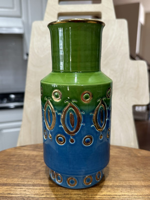 Vintage MCM Aldo Londi for Bitossi Green Blue & Gold Vase Made In Italy 8  EUC