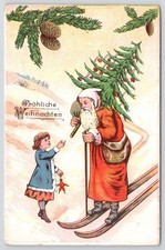 1908 Christmas Postcard GERMANY Santa Skiing Downhill with Tree Toward Girl