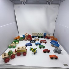 Melissa Doug Lot Of 35, Various Wooden Train Set, Cars, Plane Blocks, GUC