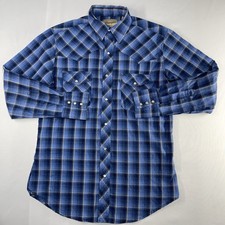Wrangler Shirt Men's M Blue Plaid Long Sleeve Pearl Snap Western Cowboy Rodeo