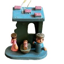 Vintage Enesco Nativity Ornament Wood 1985 Manger Scene Jesus Mary Joseph