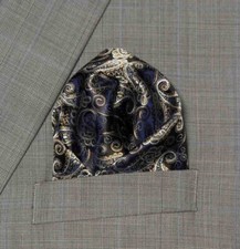 Gascoigne Pocket Square Black Tan Blue White Paisley Scroll Men's