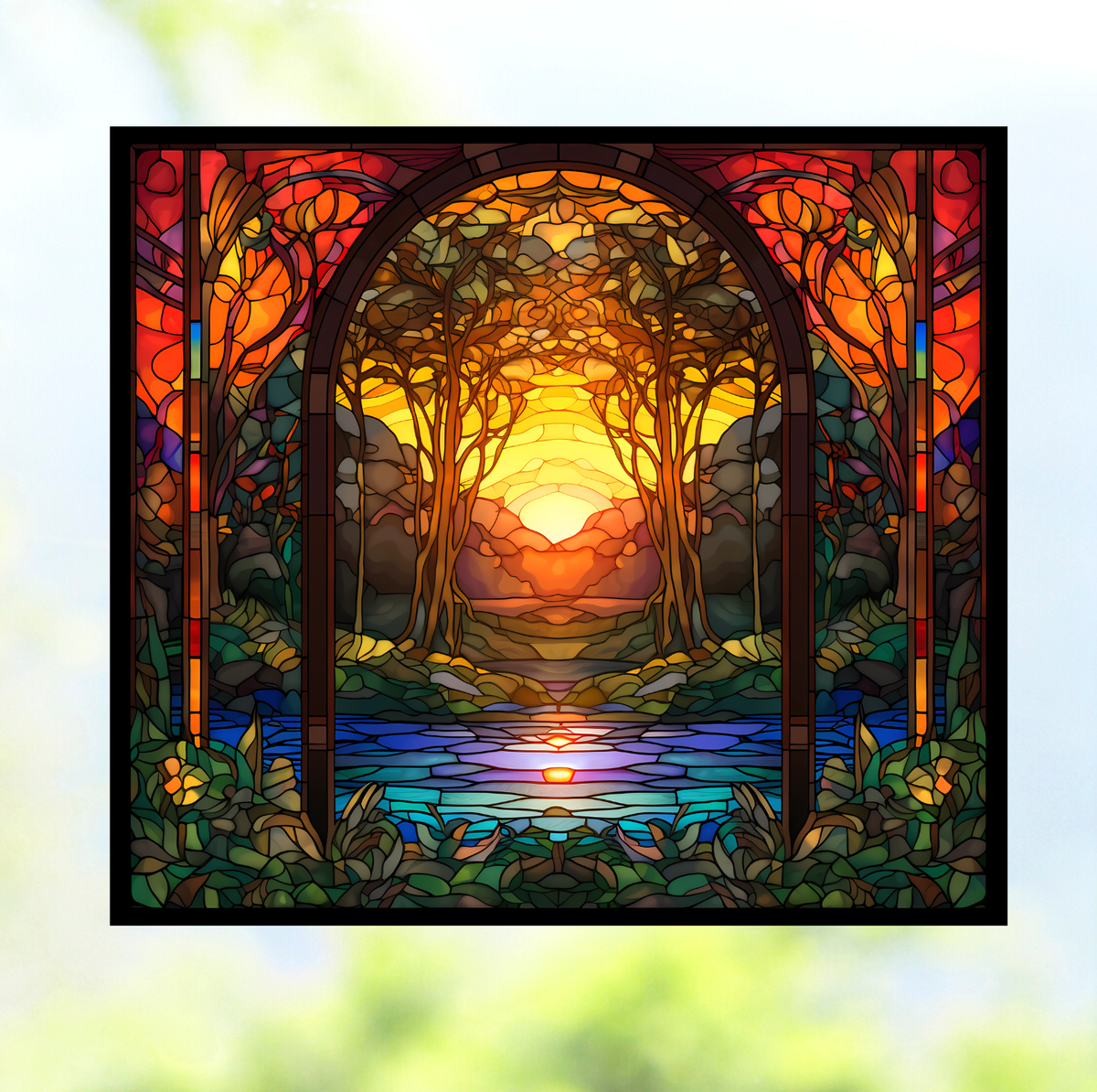 Trees at Sunset Faux Stained-Glass WINDOW CLING Size 9