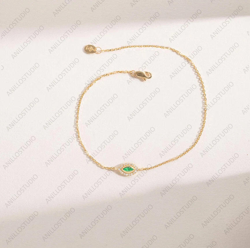 Brazalete Cadena Pequeño Mal de Ojo Marquesa Esmeralda Ojo de la Suerte Oro 14k Dije Buena Suerte Foto 4 de 4