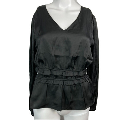 NWT Lush Shirt Womens S Black Satin V Neck Ruffle Peplum Long Sleeve Block