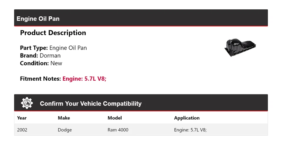 Маслосборник двигателя Dorman для 2002 Dodge Ram 4000 5,7 л V8 - Изображение 2 из 4