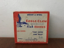 Vtg 1930 Wright & McGill 56-Pack Eagle Claw Size 3/0 Fishing Hooks Pattern 213