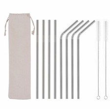 8x Premium Stainless Steel Silver Reusable Straws, 2 Clean Brush, Eco Travel Bag