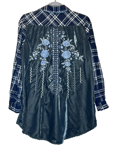 Kyla Seo Athleta Button Front Top Womens S Blue Plaid Velvet Embroidered Back - Imagen 3 de 9