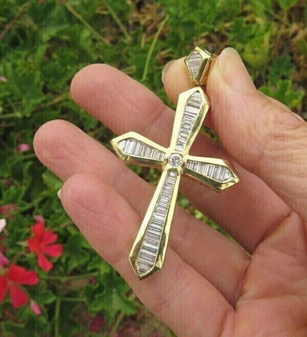 2Ct Baguette Cut Simulated Diamond Cross Pendant in 14K Gold Plated Silver  