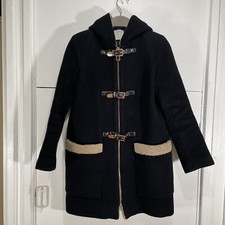 Sandro Duffle Coat Nero Bordo Shearling Misto Lana con Cappuccio Slim Fit Taglia 36 FR