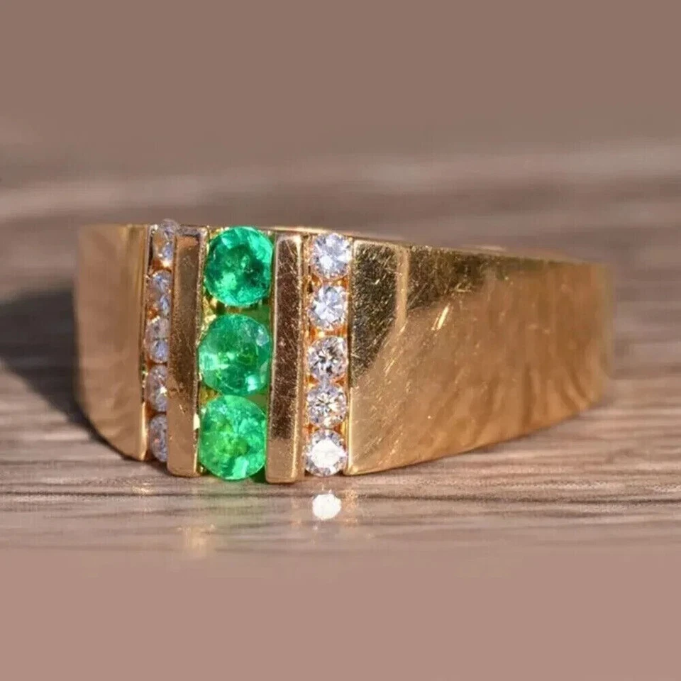 Men's Wedding Ring Created Green Emerald & Diamonds 14K Yellow Gold Finish 2.0Ct - Image 2 of 3