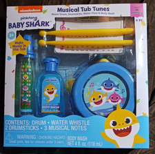 Baby Shark Bathtub Toys Drum, Drumsticks, Water Whistle Kids Body Wash Set
