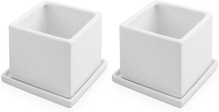 Square Planter Pots, Set of 2 - Small 5-Inch Cube Matte White Ceramic Flower - Image 3 of 4