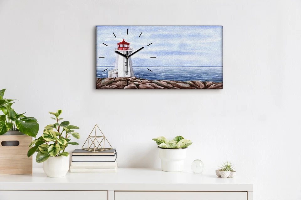 Wanduhr Uhr Wandbild Leinwand Geräuschlos 60x30 Leuchtturm Wasser Landschaft - Bild 4 von 4