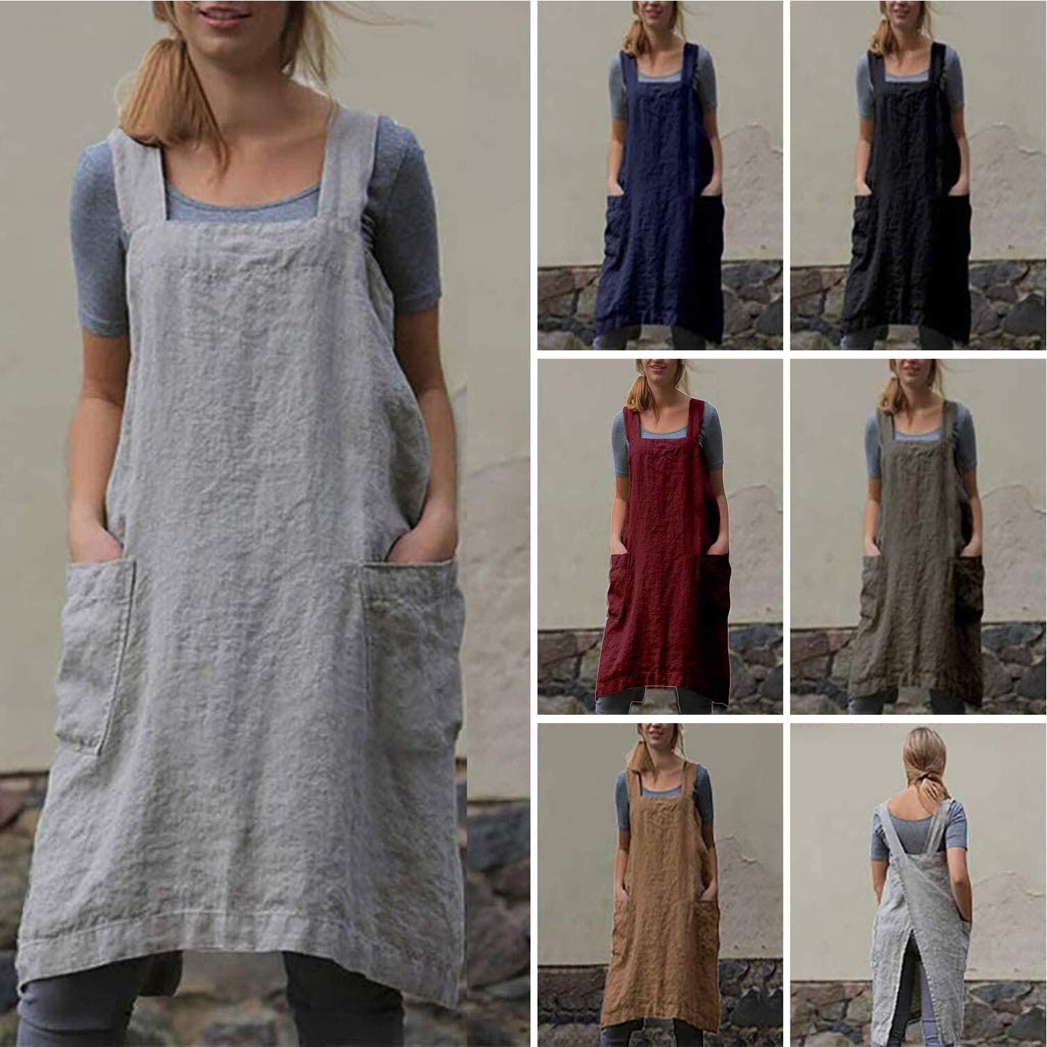 Cotton Linen Apron Cross Back Apron for Women with Pockets Pinafore Dress for...