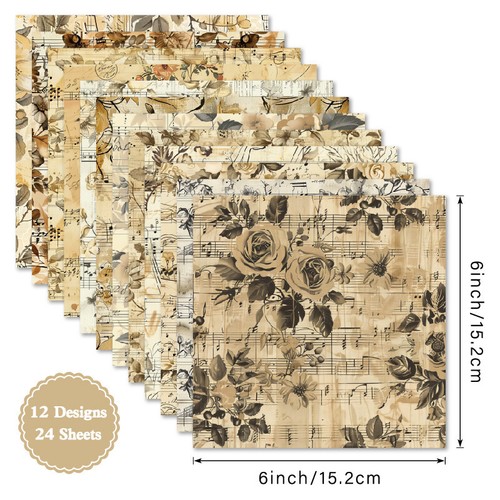 24Pcs Floral Music Score Paper Pad Vintage Scrapbook Junk Journal Album Card DIY - Picture 2 of 5