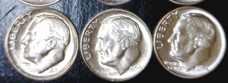 1954 pds BU+ / CH BU Roosevelt SILVER Dime FLASHY 3 Coin LOT from Orig Rolls  NR